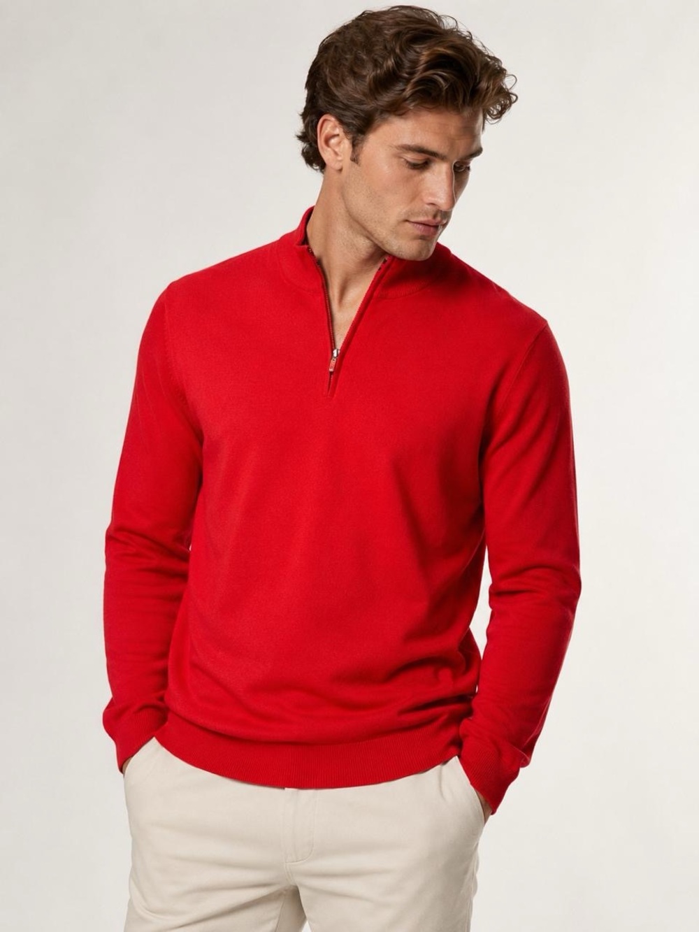 J.McLaughlin Men Quarter Zip Sweater Red Striped Trim Size M
